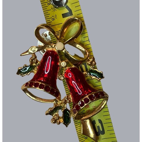 Vintage Gold-Tone Red Enamel Christmas Bell Brooch With Holly  Bow Pin Jewelry - Picture 8 of 11